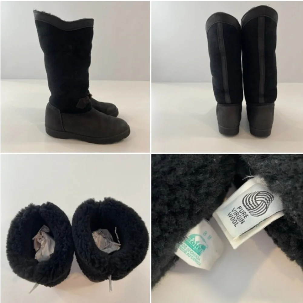 Sorel Women Black Leather Shearling Lined Snow Winter Boots Size 8 - Picture 12 of 16